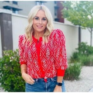 CAbi Red and White Patterned Lyric Blouse #6233 NWOT Medium